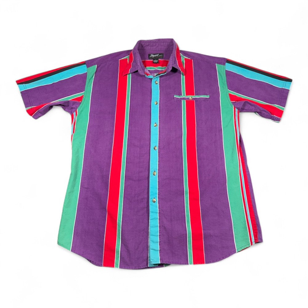 Vintage Impact Shirt Adult LARGE Purple Striped Red Rainbow Colorful Preppy 90s